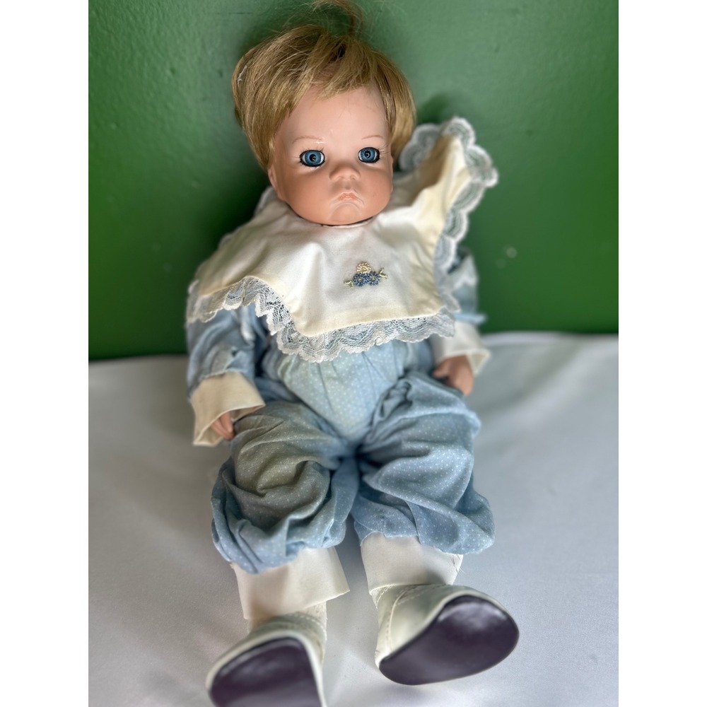 Vintage Porcelain Pouting Baby Doll Blue Eyes Blonde Hair Blue Polka Dot Outfit